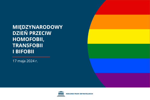 Plansza z tekstem "Międzynarodowy Dzień Przeciw Homofobii, Transfobii i Bifobii - 17 maja 2024 r." i ilustracją przedstawiającą flagę osób LGBT+