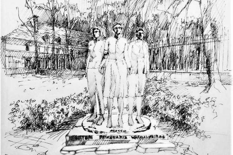 szkic pomnika przedstawia trzy kobiety trzymające się za ręce