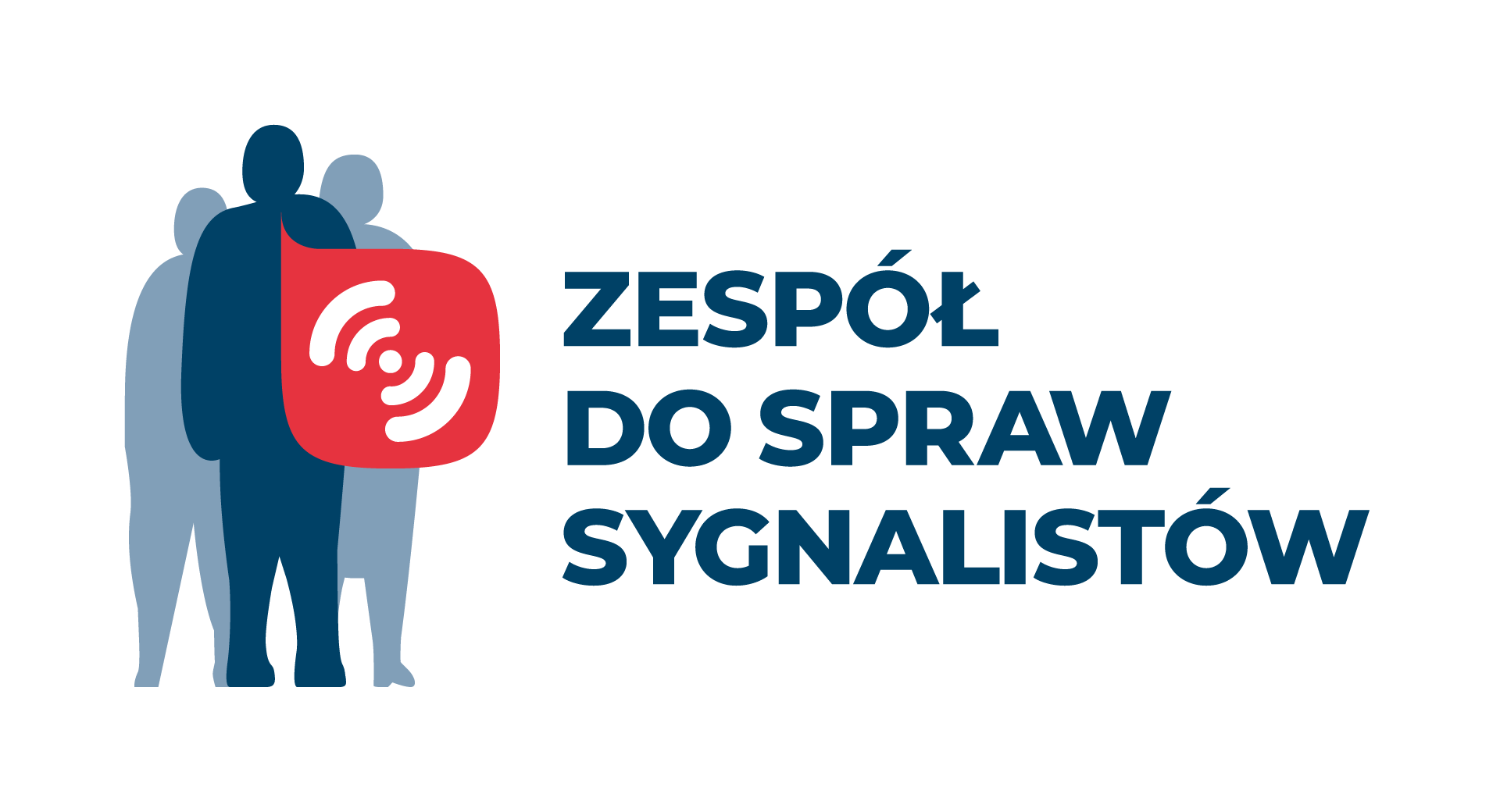 Logo Zespołu do spraw Sygnalistów przedstawiające sylwetki trzech osób: jedną na przedzie, a dwie stojące tuż za nią. Przy osobie na pierwszym planie jest dymek, w którym znajduje się symbol sygnału - kropka i promieniujące od niej po okręgu linie