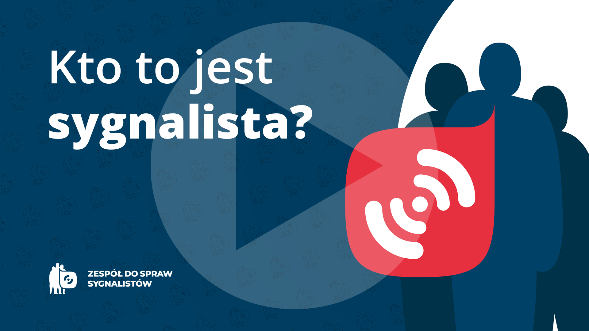 Plansza z tekstem Kto to jest sygnalista? i symbolem odtwarzania wideo - trójkątem w kole