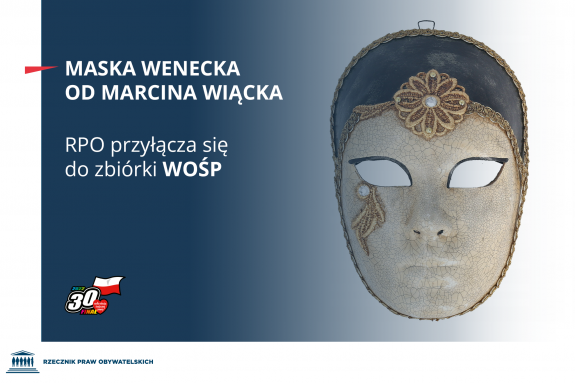 Plansza ze zdjęciem licytowanej maski i podpisem "Maska wenecka od Marcina Wiącka - RPO przyłącza się do zbiórki WOŚP"