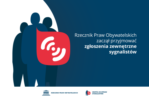 Plansza z tekstem "Rzecznik Praw Obywatelskich zaczął przyjmować zgłoszenia zewnętrzne sygnalistów"