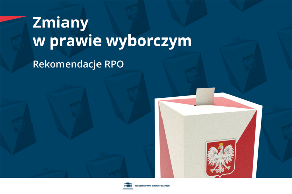 Plansza z tekstem "Zmiany w prawie wyborczym - Rekomendacje RPO" i ilustracją przedstawiającą urnę wyborczą