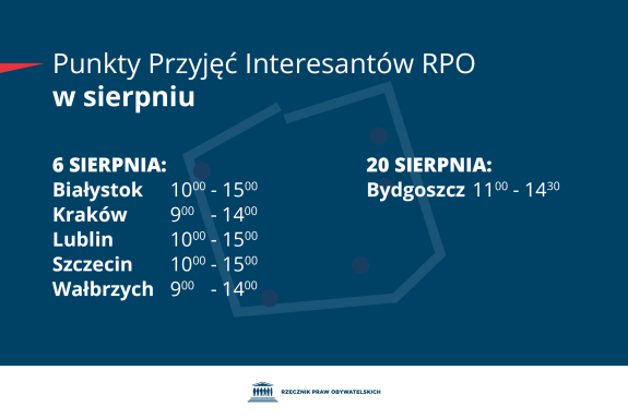 Plansza z tekstem "Punkty Przyjęć Interesantów RPO w sierpniu - 6 sierpnia: Białystok 10:00-15:00, Kraków 9:00-14:00, Lublin 10:00-15:00, Szczecin 10:00-15:00, Wałbrzych 9:00-14:00; 20 sierpnia: Bydgoszcz 11:00-14:30"