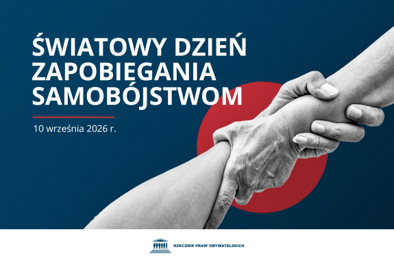 Plansza z tekstem "Światowy Dzień Zapobiegania Samobójstwom - 10 września 2026 r." i ilustracją przedstawiającą dwie dłonie, z których jedna podciąga drugą do góry