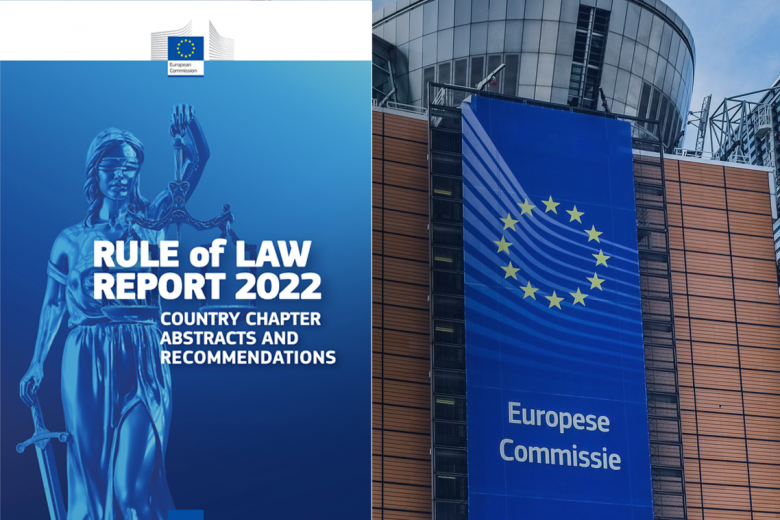 Grafika przedstawiająca z lewej strony okładkę książki z tekstem "Rule of Law Report 2022", a poprawej stronie nowoczesny budynek z niebieskim bannerem z 12 żółtymi gwiazdami i napisem "european commission"