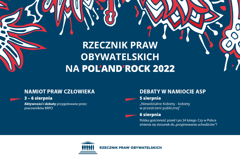 Plansza z tekstem "Rzecznik Praw Obywatelskich na Pol'and'Rock 2022 - Namiot Praw Człowieka, 3-6 sierpnia - aktywności i debaty przygotowane przez pracowników BRPO - Debaty w namiocie ASP - 5 sierpnia - "Niewidzialne Kobiety - kobiety w przestrzeni publicznej - 6 sierpnia - Polska gościnność przed i po 24 lutego. Czy w Polsce zmienia się stosunek do "przyjmowania uchodźców"?