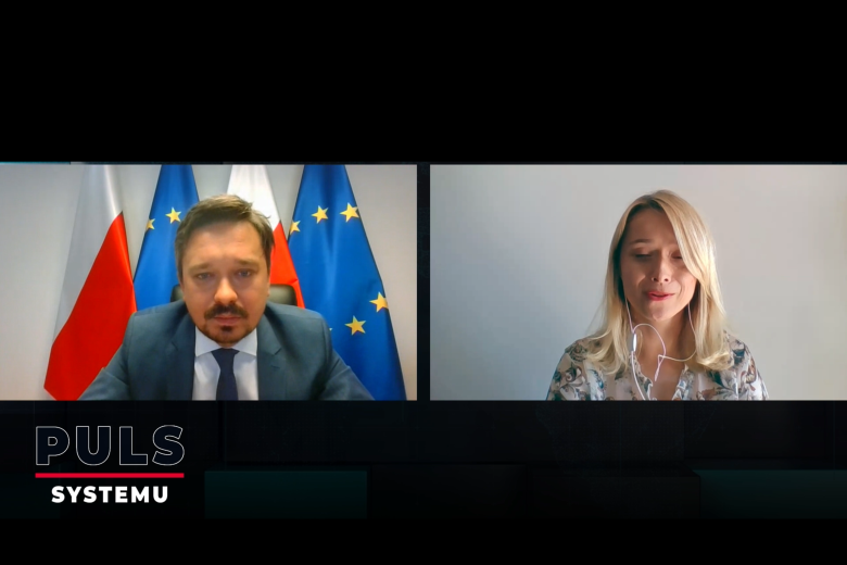 Zrzut ekranu z rozmowy RPO z dziennikarką. Ekran jest podzielony na pół, po lewej stronie znajduje się RPO na tle flag Polski i Unii Europejskiej, po prawej dziennikarka.
