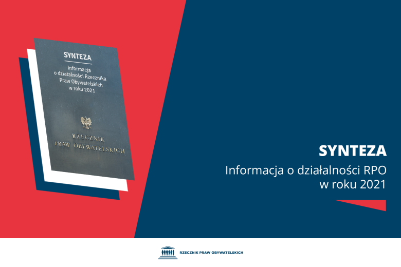 Plansza z tekstem "Synteza - informacja o działalności Rzecznika Praw Obywatelskich w roku 2021" i okładką książki