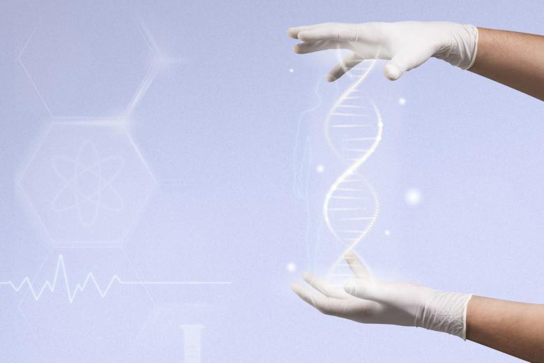 Grafika z widocznym łańcuchem DNA pomiędzy dłońmi w białych rękawiczkach