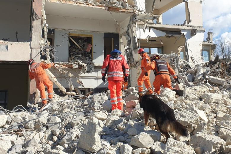 strażacy i ratownicy oraz pies podczas akcji poszukiwawczej w gruzach domu  