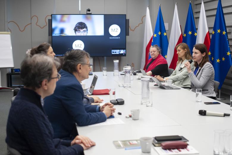 Członkowie komisji rozmawiają przy stole konferencyjnym. Do mikrofonu wypowiada się pełnomocniczka RPO do spraw praw osób z niepełnosprawnościami Monika Wiszyńska-Rakowska. W szczycie sali stoi ekran wyświetlający członków łączących się za pośrednictwem internetu. W tle flagi Polski i Unii Europejskiej.