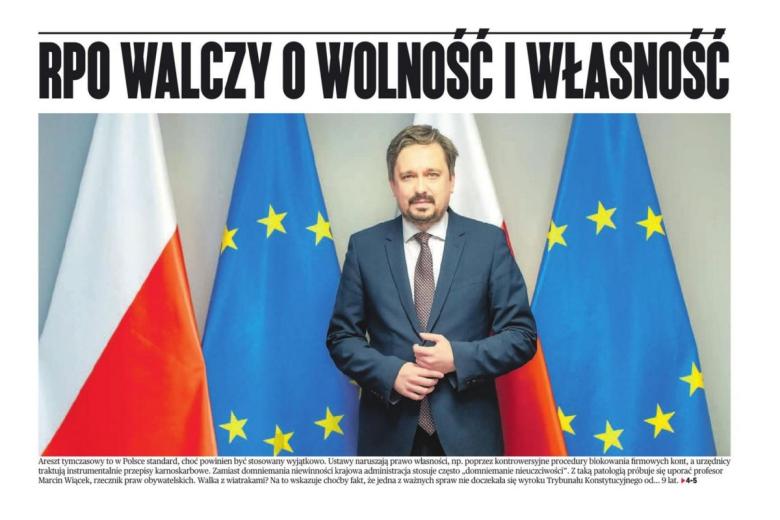 Wycinek strony gazety ze zdjęciem RPO Marcina Wiącka i tytułem "RPO Walczy o wolność i własność"