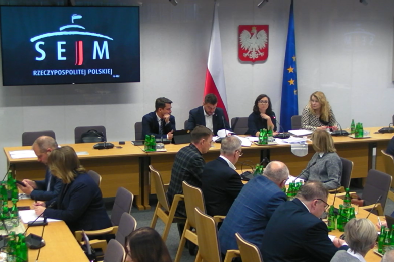 Kilkanaście osób siedzi za stołami, w tle flagi Polski i UE i na ścianie wyświetlacz z napisem "Sejm"