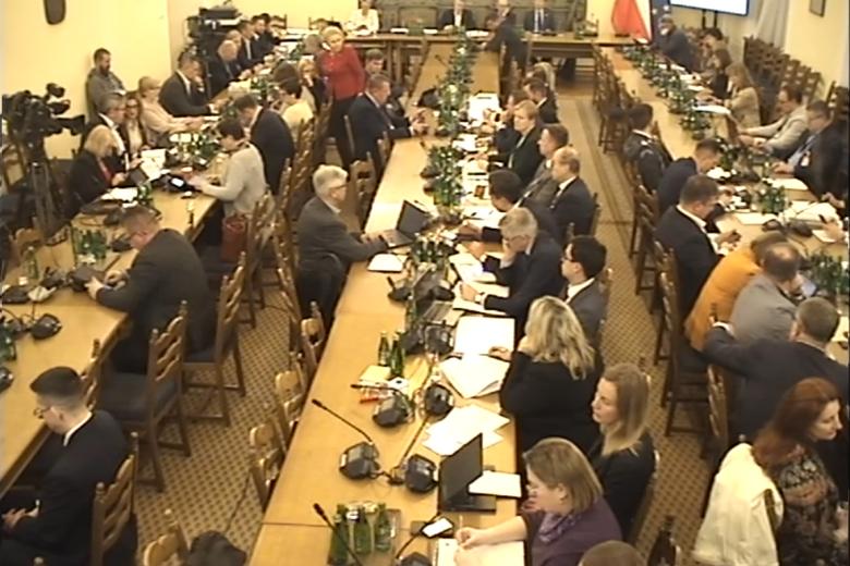 Zrzut ekranu z transmisji posiedzenia Komisji. Przy jednym ze stołów siedzi wypowiadający się RPO Marcin Wiącek
