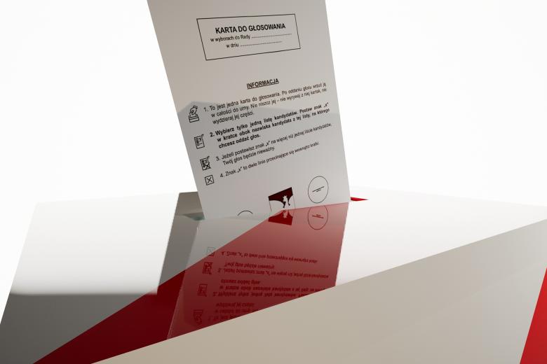 Włożona w części do biało-czerwonej urny karta głosowania w wyborach