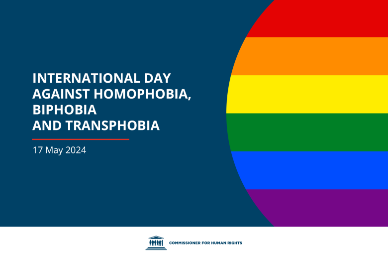 A flag of LGBT+ movement with text "International Day Against Homophobia, Biphobia and Transphobia - 17 May 2024"