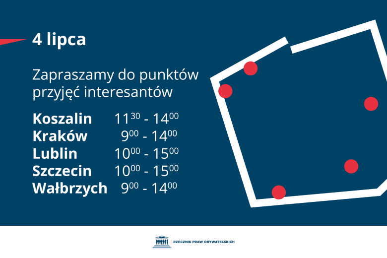 Plansza z tekstem "4 lipca zapraszamy do punktów przyjęcia interesantów: Koszalin - 11.30-14.00 - Kraków - 9:00-14:00 - Lublin - 10:00-15:00 - Szczecin - 10:00-15:00 - Wałbrzych - 9:00-14:00"