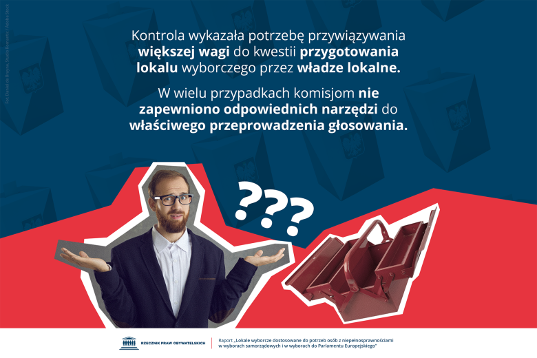 Plansza z tekstem "Kontrola wykazała potrzebę przywiązywania większej wagi do kwestii przygotowania lokalu wyborczego przez władze lokalne. W wielu przypadkach komisjom nie zapewniono odpowiednich narzędzi do przeprowadzenia głosowania" i ilustracją przedstawiającą zdezorientowanego mężczyznę unoszącego dłonie do góry i pustą skrzynkę na narzędzia