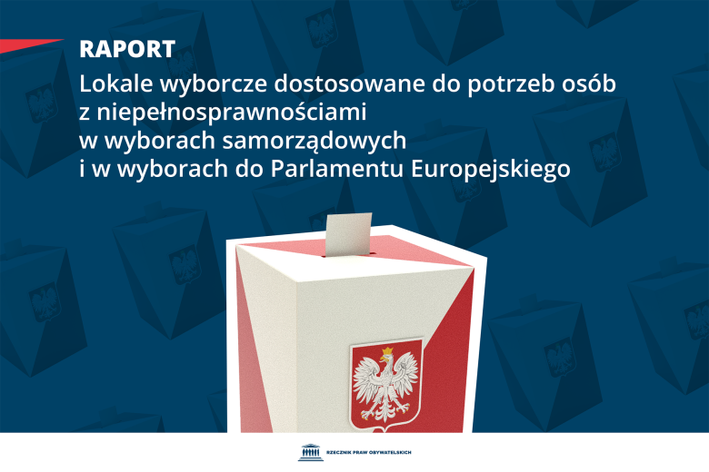 Plansza z tekstem "Raport - Lokale wyborcze dostosowane do potrzeb osób z niepełnosprawnościami w wyborach samorządowych i w wyborach do Parlamentu Europejskiego"