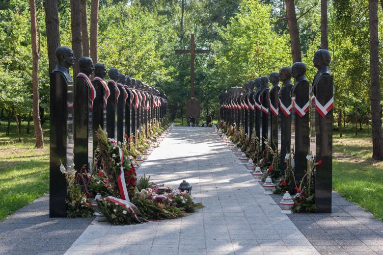 Dwa rzędy pomników przedstawiających popiersia na cokołach ustawione wzdłuż prostej alei w parku