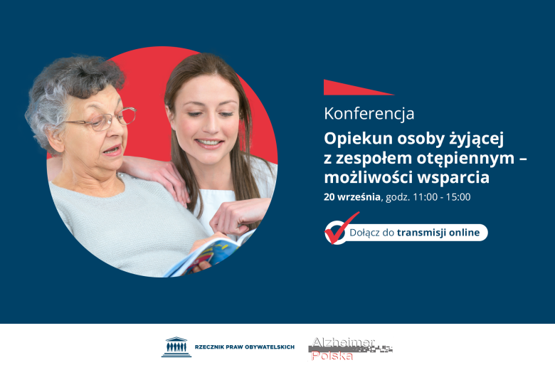 Plansza z tekstem "Konferencja - Opiekun osoby żyjącej z zespołem otępiennym - możliwości wsparcia - 20 września, godz. 11:00-15:00 - dołącz do transmisji online" i ilustracją przedstawiającą dwie kobiety: seniorkę i w wieku ok. 30 lat, czytające razem ksiązkę