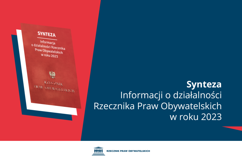 Plansza z tekstem "Synteza Informacji o działalności Rzecznika Praw Obywatelskich w roku 2023" i ilustracją przedstawiającą okładkę publikacji