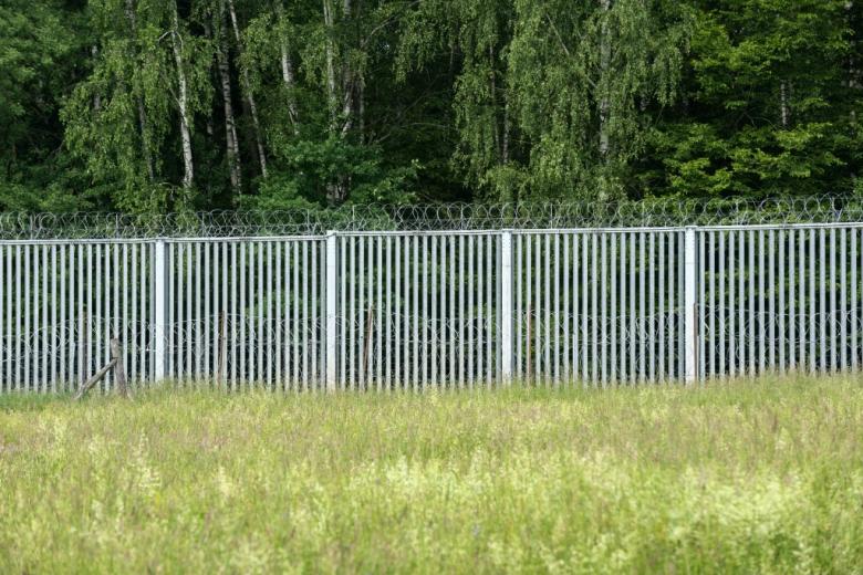 metalowa zapora graniczna na łące z lasem w tle 