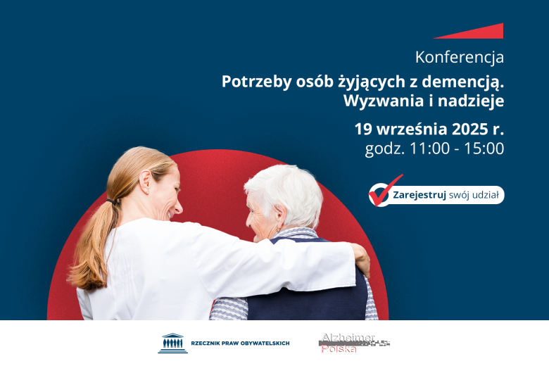 Plansza z tekstem "Konferencja - Potrzeby osób żyjących z demencją. Wyzwania i nadzieje - 19 września 2025 r., godz. 11:00-15:00 - Zarejestruj swój udział" i ilustracją przedstawiającą dwie uśmiechające się do siebie osoby - kobietę w średnim wieku i seniorkę. Młodsza kobieta obejmuje ramieniem seniorkę.