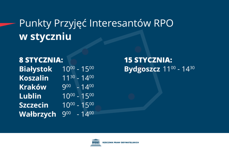 Plansza z tekstem "Punkty Przyjęć Interesantów RPO w styczniu - 8 stycznia: Białystok 10:00-15:00, Koszalin 11:30 - 14:00, Kraków 9:00-14:00, Lublin 10:00 - 15:00, Szczecin 10:00 - 15:00, Wałbrzych 9:00-14:00 - 15 stycznia: Bydgoszcz 11:00-14:30"