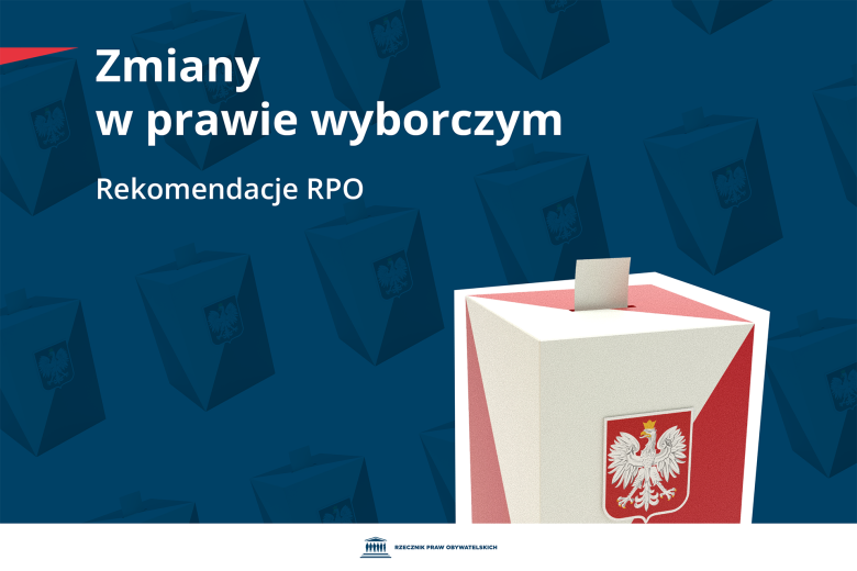 Plansza z tekstem "Zmiany w prawie wyborczym - Rekomendacje RPO" i ilustracją przedstawiającą urnę wyborczą