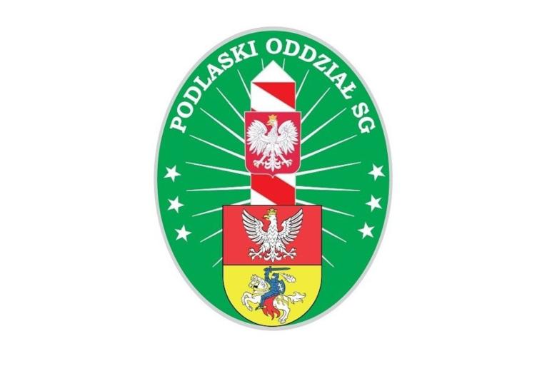 półokrągłe logo na zielonym tle z tekstem Podlaski Oddział SG i herbem z orłem i pogonią na stylizowanym słupie granicznym