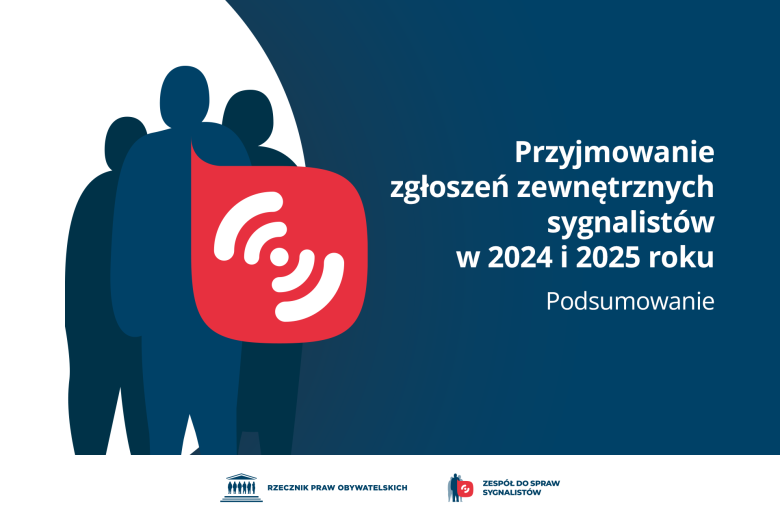 Plansza z tekstem "Przyjmowanie zgłoszeń zewnętrznych sygnalistów w 2024 i 2025 roku - podsumowanie"