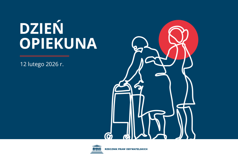 Plansza z tekstem "Dzień opiekuna - 12 lutego 2026 r." i ilustracją przedstawiającą kontury dwóch osób, jedna porusza się z chodzikiem, a druga ją podtrzymuje