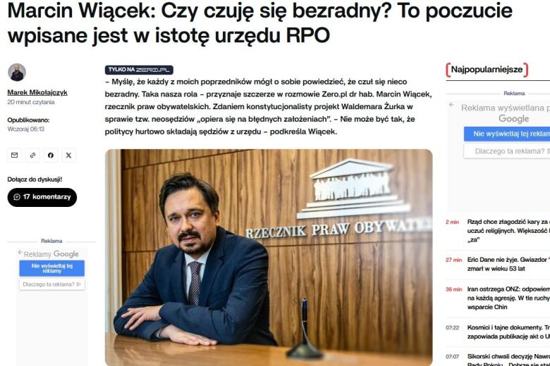 Wywiad dla portalu Zero.pl, rzut ekranu ze zdjęciem Marcina Wiącka