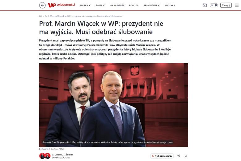 Zrzut ekranu strony na portalu wp.pl z wywiadem z RPO Marcinem Wiąckiem