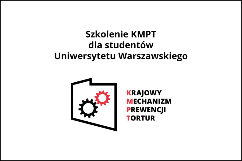 Plansza z tekstem "Szkolenie KMPT dla studentów Uniwersytetu Warszawskiego" i logiem KMPT