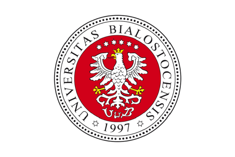 okrągłe logo ze stylizowanym białym orłem na czerwonym tle i tekstem universitas bialostocensis 1997 