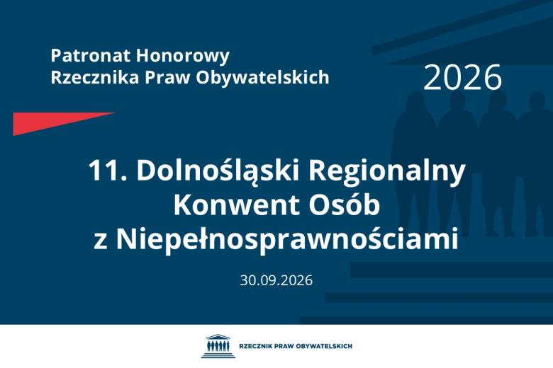 Plansza: na granatowym tle biały napis o treści: Patronat Honorowy Rzecznika Praw Obywatelskich 11. Dolnośląski Regionalny Konwent Osób z Niepełnosprawnościami, na dole data 30.09.2026, poniżej na białym pasku granatowy logotyp Biura RPO