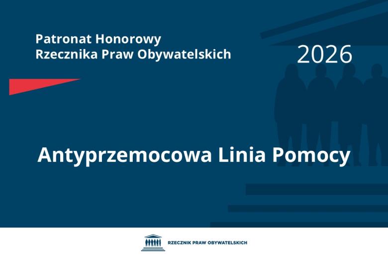 Plansza: na granatowym tle biały napis o treści: Patronat Honorowy Rzecznika Praw Obywatelskich Antyprzemocowa Linia Pomocy, poniżej na białym pasku granatowy logotyp Biura RPO