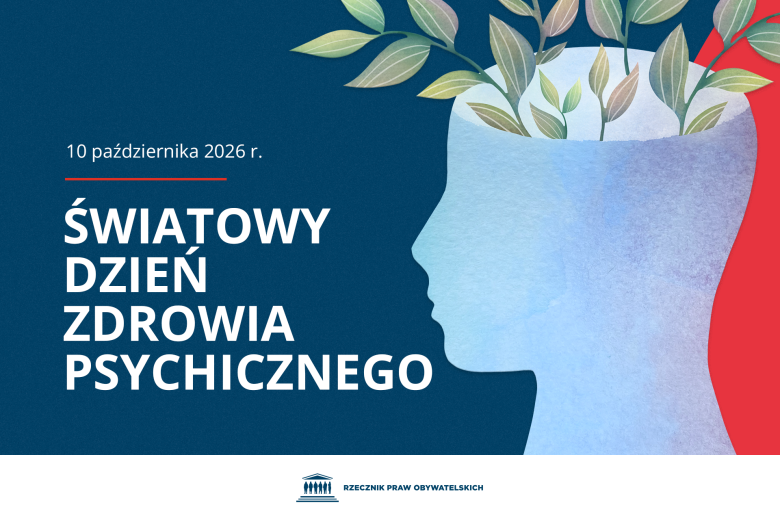 Plansza z tekstem "10 października 2026 r. - Światowy Dzień Zdrowia Psychicznego" i ilustracją przedstawiającą sylwetkę otwartej głowy, z której pączkują kwiaty