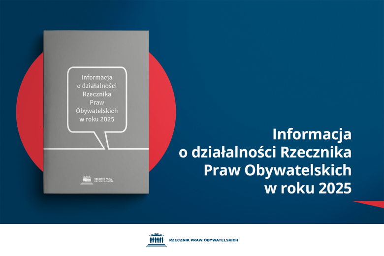 Plansza z tekstem "Informacja o działalności Rzecznika Praw Obywatelskich w roku 2025" i ilustracją przedstawiającą okładkę książki