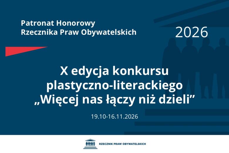 Plansza: na granatowym tle biały napis o treści: Patronat Honorowy Rzecznika Praw Obywatelskich Dziesiąta edycja konkursu plastyczno-literackiego „Więcej nas łączy niż dzieli”, na dole data 19.10-16.11.2026, poniżej na białym pasku granatowy logotyp Biura RPO