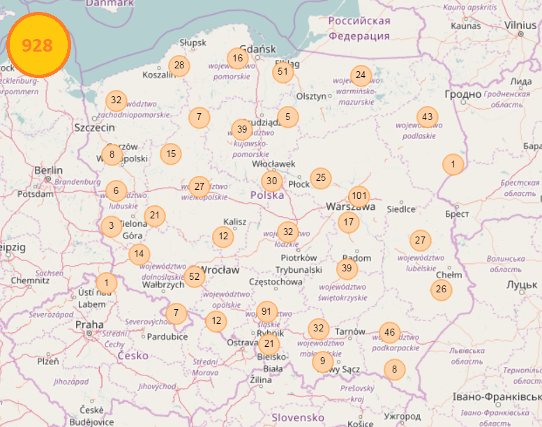Mapa Polski z 928 punktami, gdzie do grudnia 2016 były wizytacje KMP