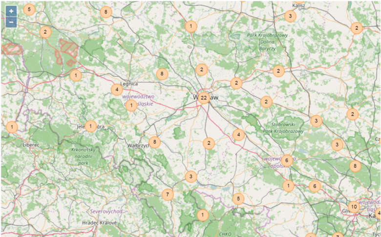 grafika: mapa Dolnego Śląska z zaznaczonymi punktami wizytacji