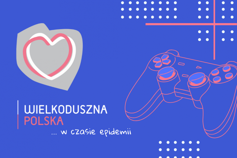 niebieska plansza z logo wielkodusznej Polski, po prawej rysunek pada do gier