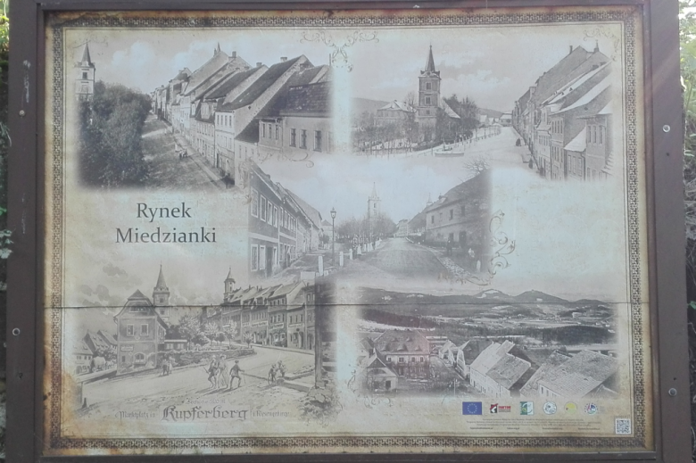 plansza z ilustrująca dawny wygląd rynku w Miedziance