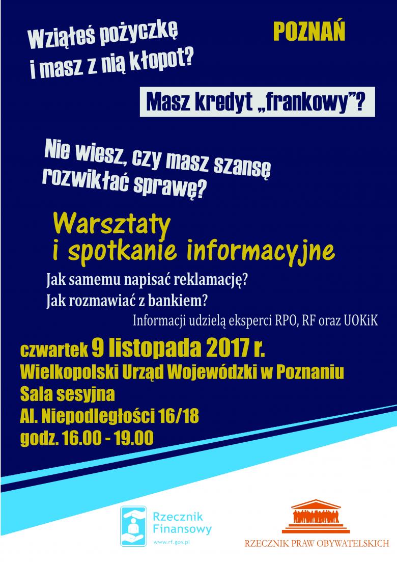 Plakat informujący o spotkaniu w sprawie kredytów "frankowych" w Poznaniu