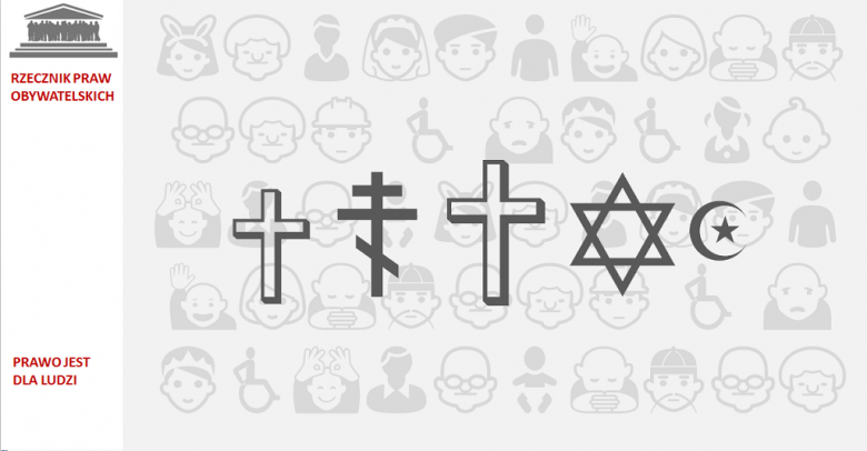 grafika: symbole religijne: półksiężyc, krzyż prawosławny, gwiazda Dawida, krzyż katolicki