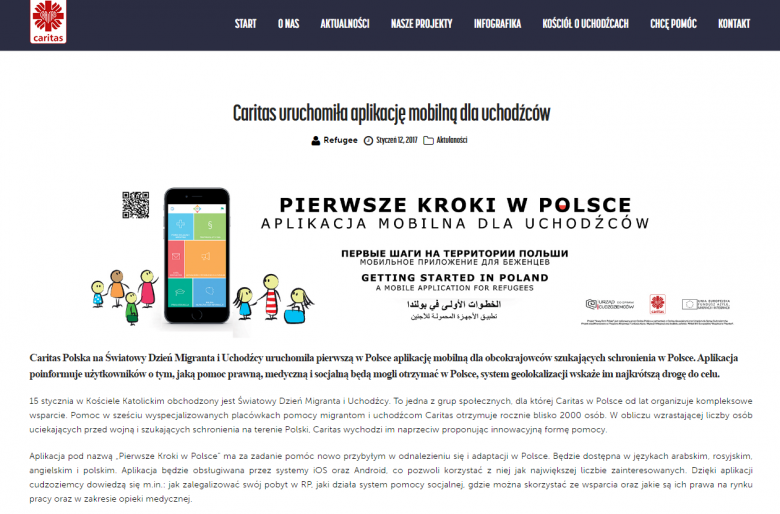 Screen strony internetowej - symbol smartfona i napis "Pierwsze kroki w Polsce"